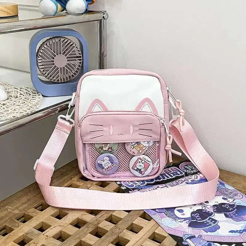 Y2K Cute Cartoon Cat Ita Crossbody Bag Mini Women Casual Shoulder Bags Kawaii Girls Transparent Pocket DIY Display Nylon Handbag