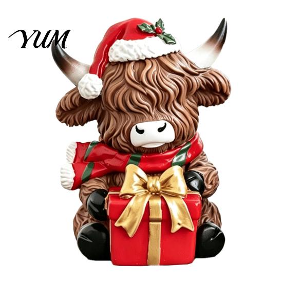 Indoor Entrance Shelf Displays Christmas Highland Cow Figurine, Resin Holiday Statue with Santa Hat & Unique Gift Ideas Box, Cute Sitting Calf Desktop