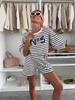 Women's Casual Striped Lounge Set Short Sleeve Top with Elastic Shorts 2 Piece Outfit