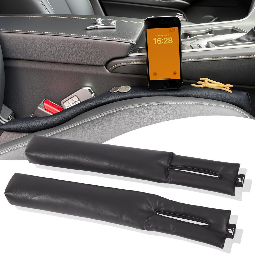 Hompres Заполнитель щели между сиденьями автомобиля из ПУ кожи с карманом для хранения объемом 700 мл и многоразовым клеем, предотвращает падение ключей и смартфонов в щель, двусторонняя лента,