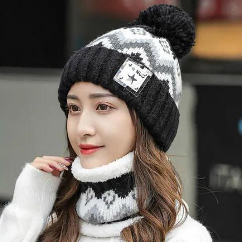 Winter Hat Bib Suit Plus Velvet Thick Warm Knitted Wool Hat Outdoor Windproof Mask Bib One for Women