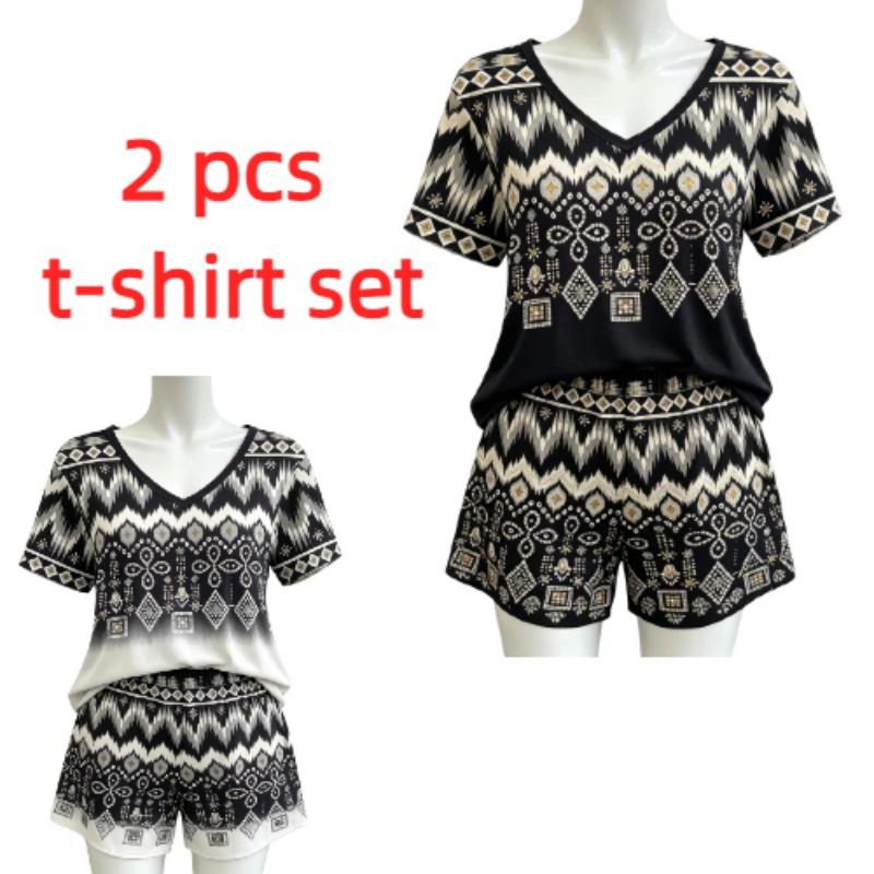 Summer Bohemian Elements Patterns Printed V Neck Short Sleeved T-Shirt And Shorts Set Women's and Men's T-shirt Shorts Set
