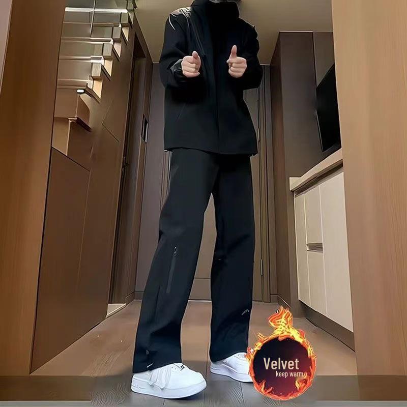 Men's Winter Fleece-Lined Windproof Waterproof Mountaineering Pants - Loose Straight-Leg Casual Long Pants