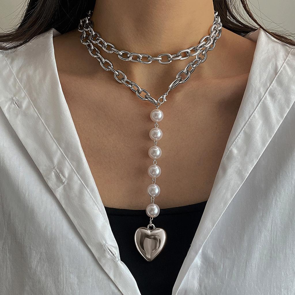 Heart Shape Multi-Layered Gold Silver Pearl Beaded Clavicle Necklace European American Style Women's Accessories