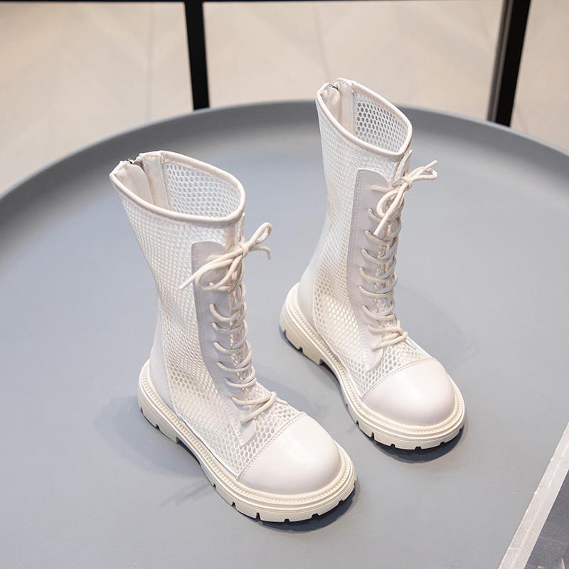 Детская летняя обувь для девочек, модные сандалии, высокие сетчатые ботинки, дышащие сетчатые шнурки, украшение с вырезом на молнии, стиль Ins