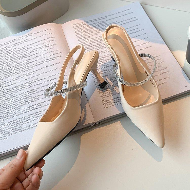 High heels sandals women's 2025 summer new thin heels Korean version one-word bag head rear empty rhinestone women's shoes