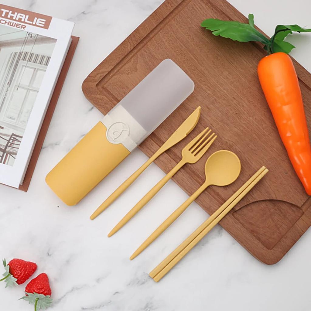 Портативная посуда из пшеничной соломы, нож, вилка, ложка, палочки для еды, набор столовой посуды с коробкой для хранения, студенческие дорожные столовые приборы для барбекю, вечеринки