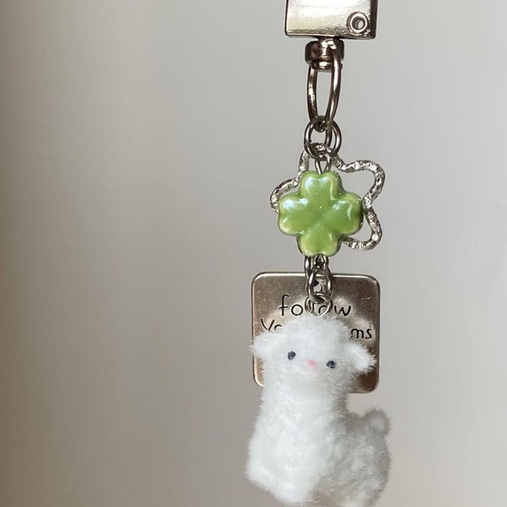 Flocking Cartoon Lamb Keychain Cute Kawaii Plush Animal Pendant Bag Charm Decoration Keyring Car Key Holder Earphone Case Gift