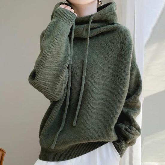 Women Sweater Pile Collar Drawstring Hooded Long Sleeve Knitting Tops Solid Color Casual Loose Fit Knitwear