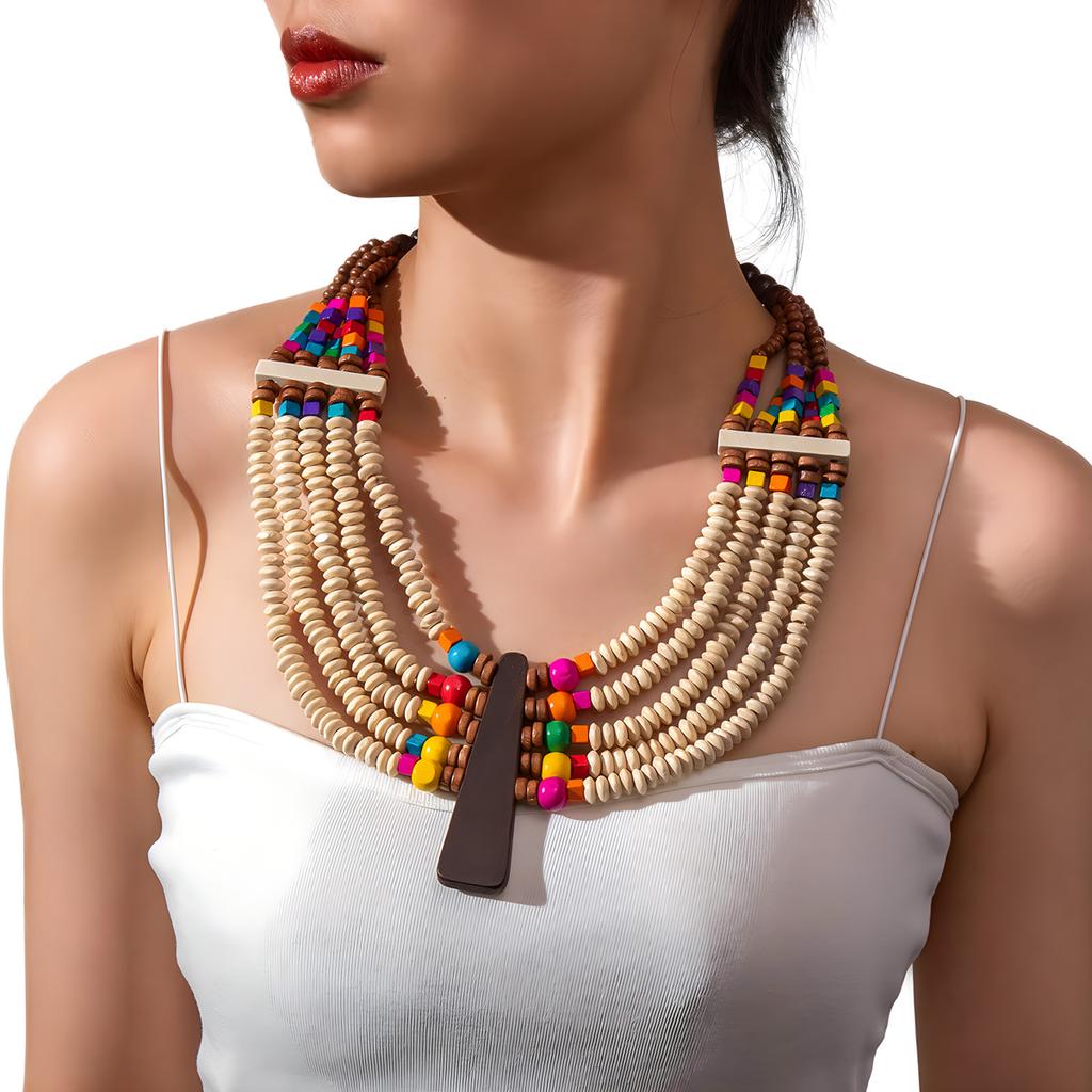 Fashion Personalized Wood Bead Handmade Beaded Necklace Exaggerated Retro Necklace National Style Accessories
