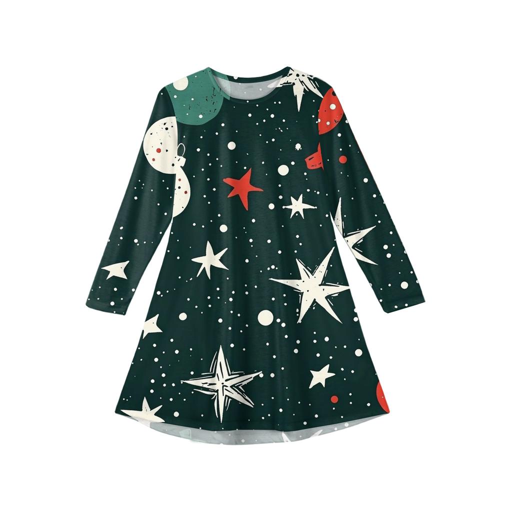Christmas Day Girls' Long Sleeve Dress - Color Pocket Dress