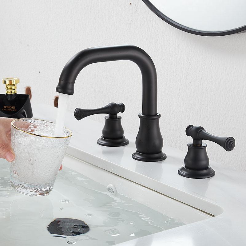 BAKALA 8-дюймовый широко распространенный смеситель для раковины в ванной комнате с 2 ручками, латунный смеситель для туалетного столика с 3 отверстиями и линиями подачи холодной и горячей воды, матовый черный