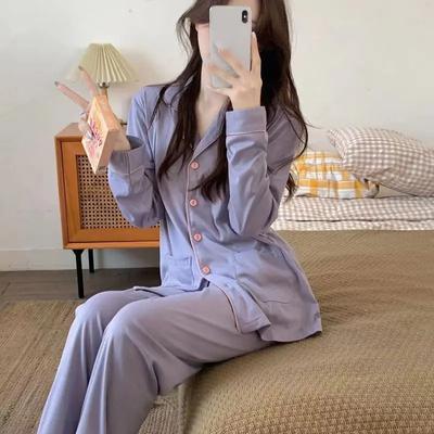 Женские однотонные повседневные пижамные комплекты с длинным рукавом, милые повседневные пижамы, женские пижамные комплекты с отложным воротником, фиолетовые пижамы