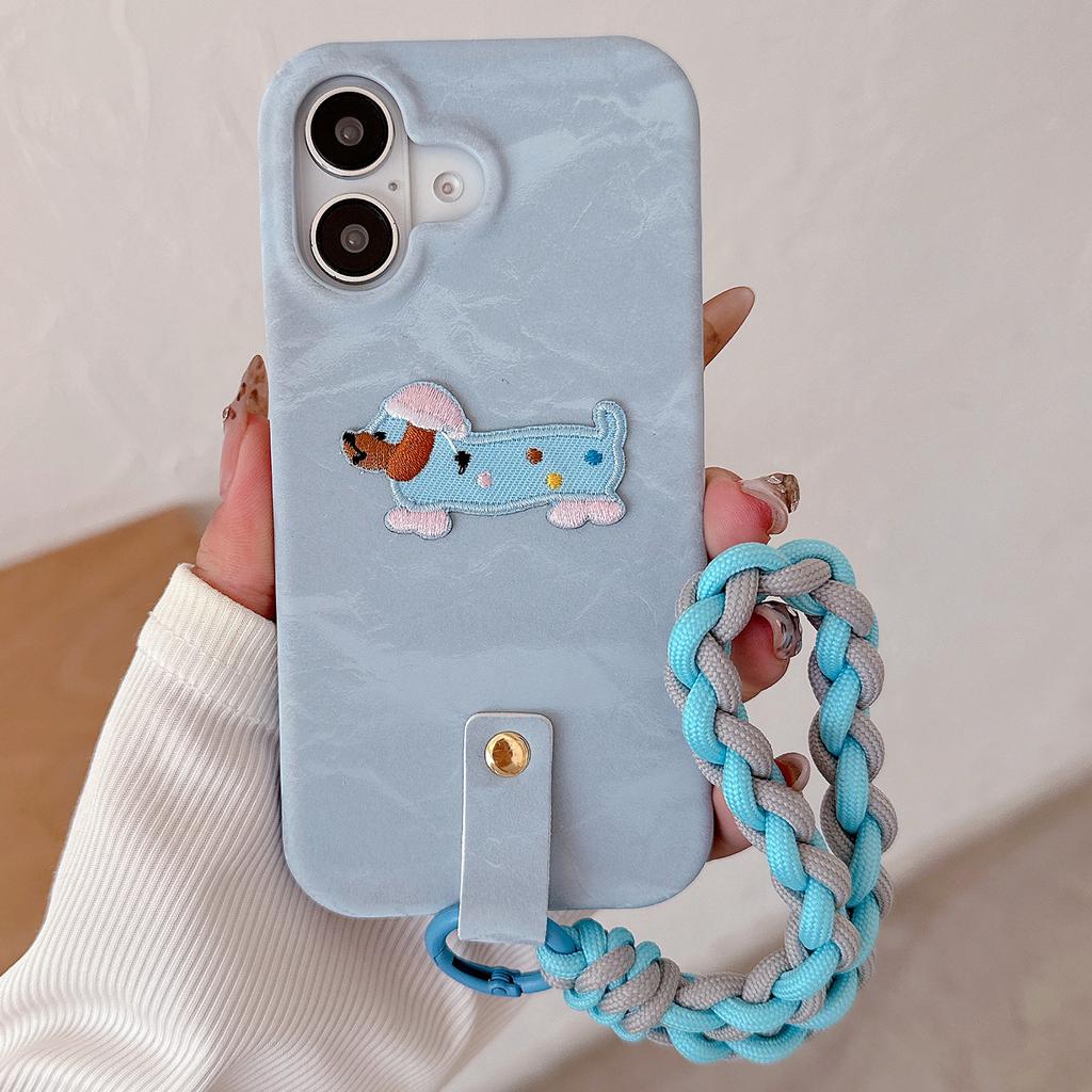 For iPhone 16 Case Cute Pattern Soft PU+PC Phone Back Cover with Braided Handy Strap