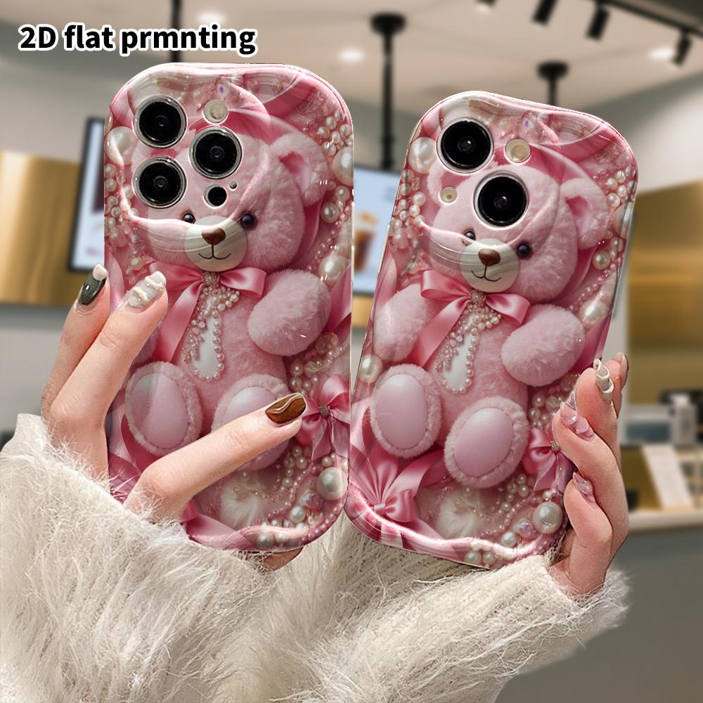Phone Case: 2D flat, fits iPhone 12–18 Pro, phone accessory, pink plush bear, perfect for Christmas and Halloween gifts