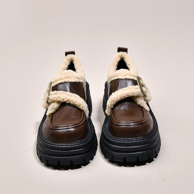 Бархатные лоферы в британском стиле, хлопковая обувь для женщин, новинка осени и зимы 2025 года, на толстой подошве, на толстом каблуке, ретро, пушистые туфли Мэри Джейн, маленькие кожаные туфли