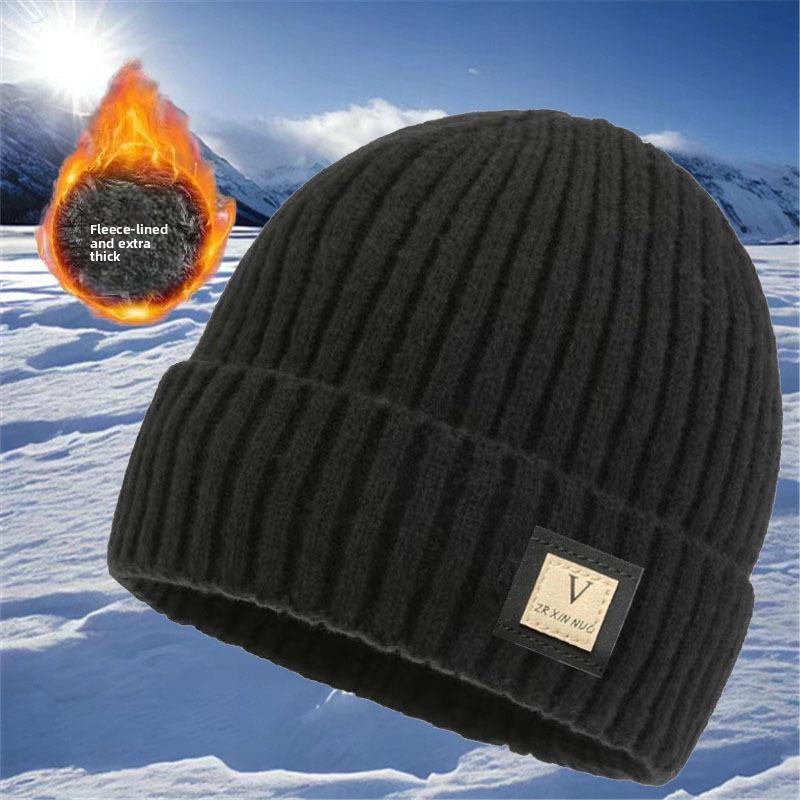 Мужская зимняя утепленная шерстяная вязаная шапка с флисовой подкладкой, модная универсальная однотонная шапка в корейском стиле