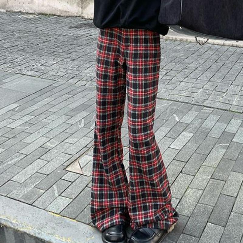 Женские повседневные брюки-клеш в клетку в стиле ретро, ​​уличные брюки-клеш в винтажном стиле для молодых девушек, женские прямые брюки-клеш с высокой талией