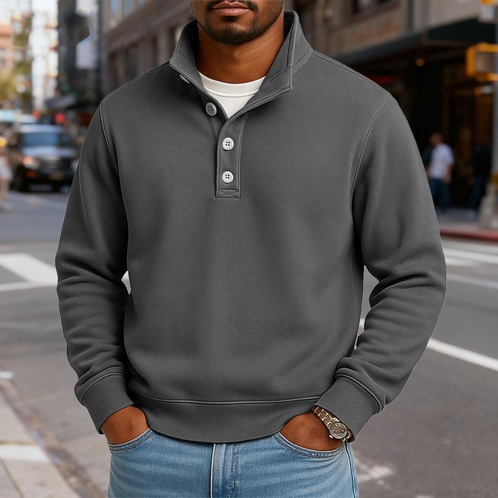 Мужской повседневный топ с воротником-стойкой и длинными рукавами, однотонный свитшот на пуговицах