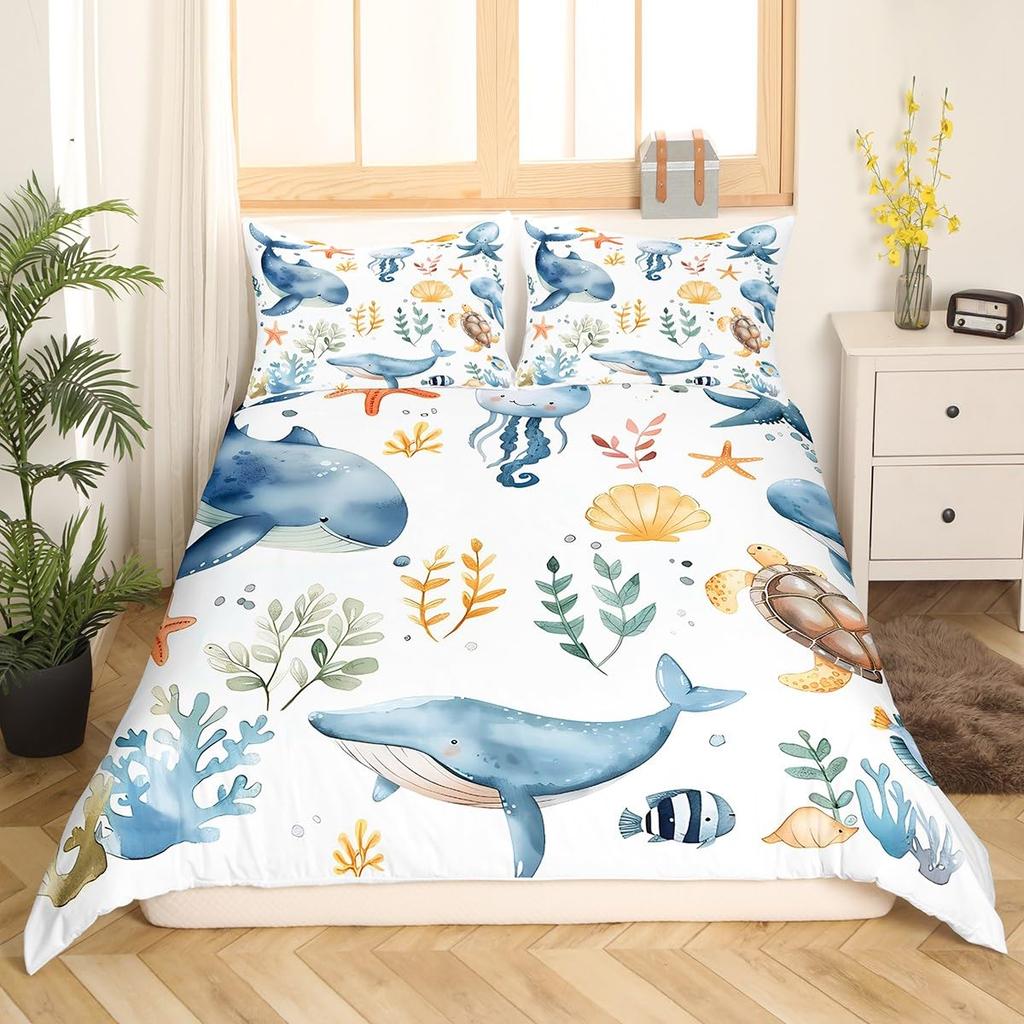 Blue Sea Whale Duvet Cover King Full Cartoon Ocean Animal Kids Bedding Set Coastal Beach Comforter Cover Ocean Waves Quilt Cover