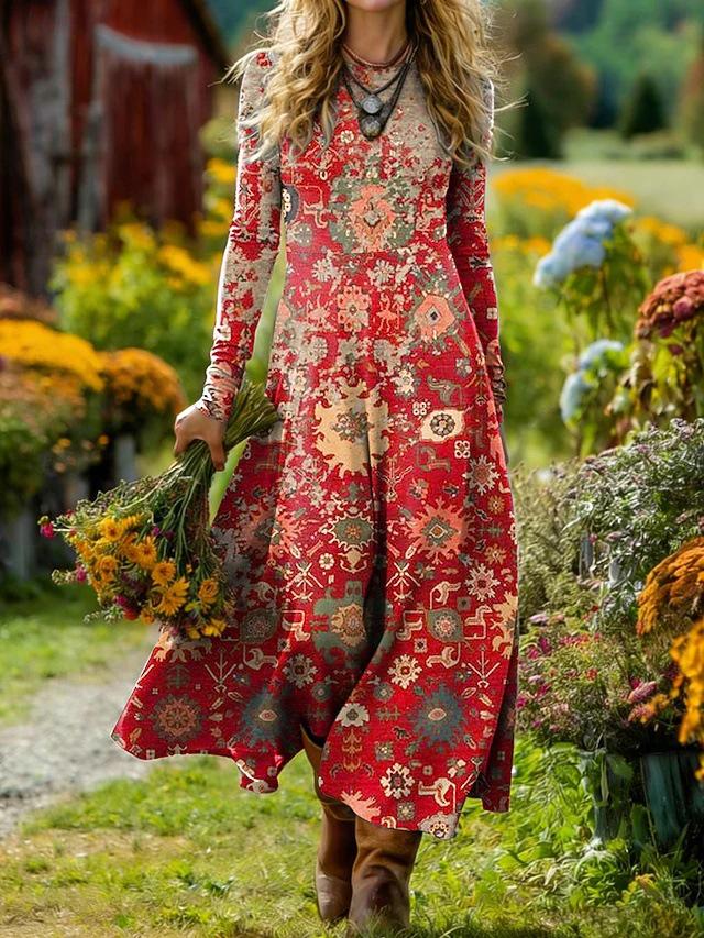 Женское среднедлинное платье в богемно-ретро стиле с принтом, А-силуэта, для отпуска