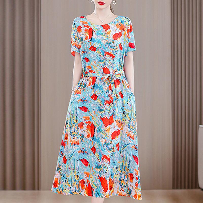 Летнее винтажное платье для женщин, повседневные платья больших размеров с короткими рукавами и поясом, элегантная женская одежда среднего возраста