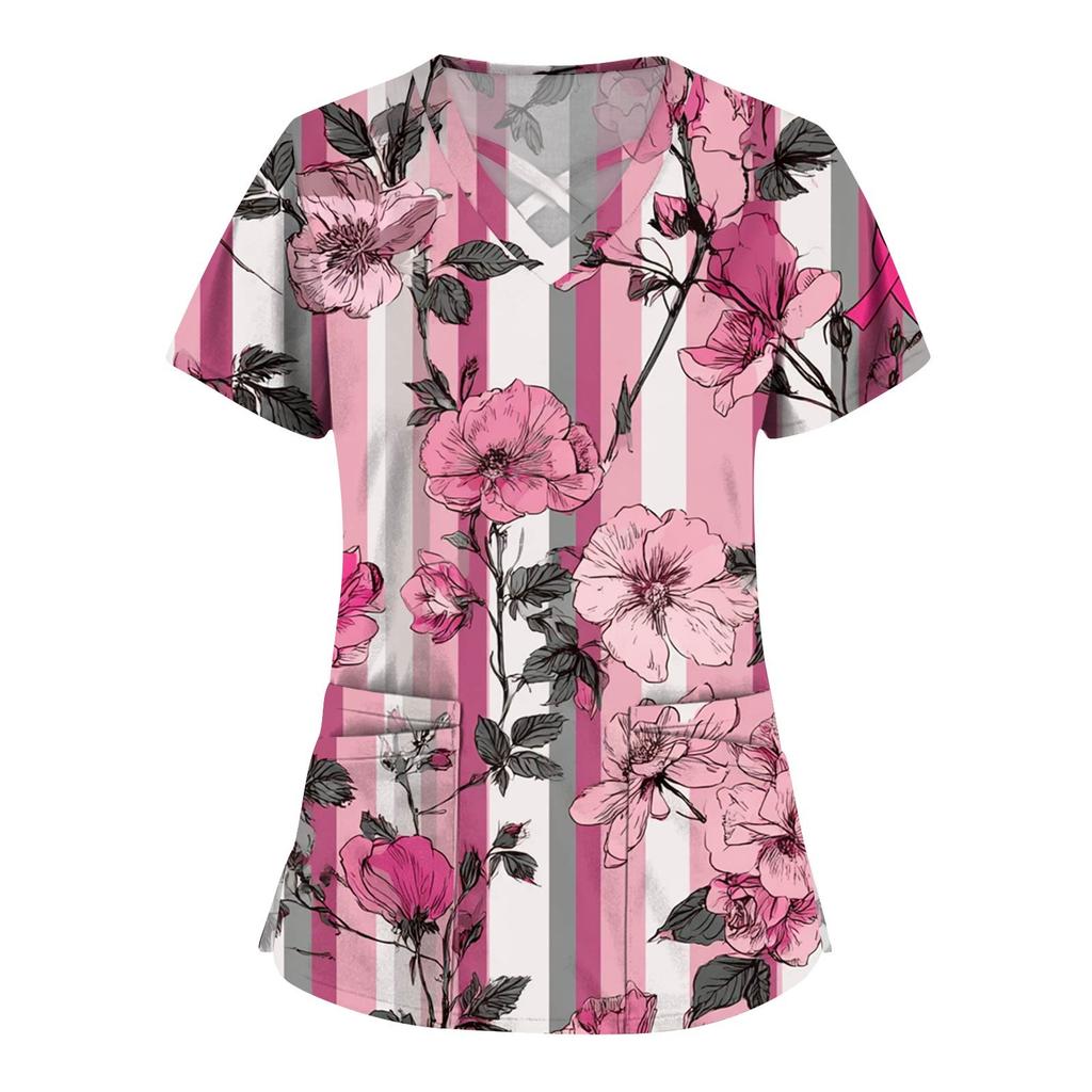 Women's Fashion V-Neck Short Sleeve Overalls Double Layer Pocket Printed Tops Apparel