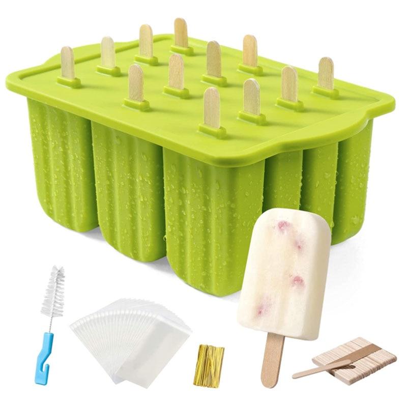 Silicon Ice Pop Molds, Klenzo 12-Cavity Ice Cream Mold, Reusable Popsicle Maker, BPA-Free, Green Dental Floss Shape