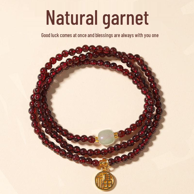 Изысканный женский браслет-бусина «Три круга удачи» с гранатом и нефритом Хэтянь