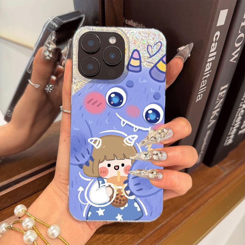 Case for iphone Air 11 17 Pro XS Max 16 Plus 18 Pro Max 15 12 14 13 XR Blue Monster Girl Shattered Silver Texture Airbag Shockproof Cover