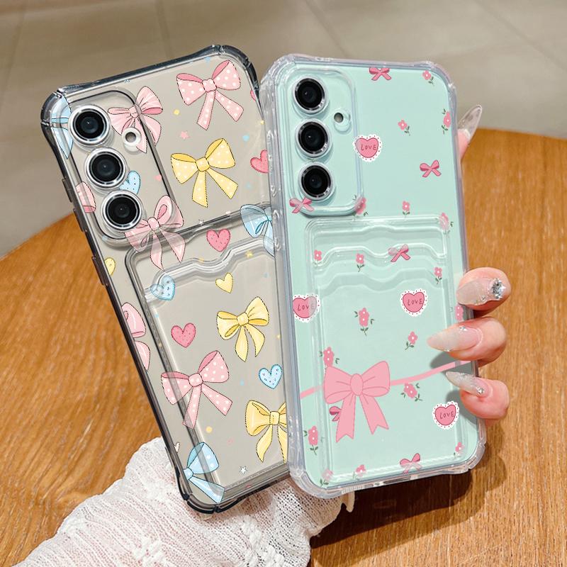 Чехол с принтом разноцветных бантиков для Samsung S26 S25 Ultra S24 Plus S23 S22 S21 FE A18 A54 A55 A16 A26 A36 A56 A17 A37 A57 5G Прозрачная задняя крышка с кармашком для карты