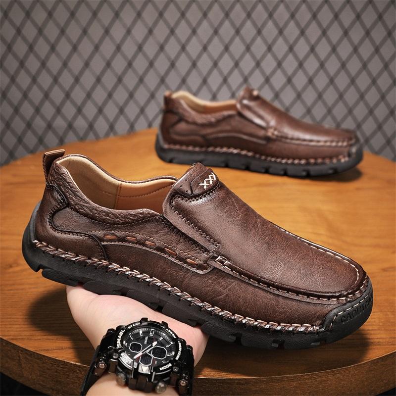 FashionMens Genuine Leather Shoes Slip On British Style Leisure Loafers Shoes Soft Bottom Wear-resistant Comfortable Shoes Men Footwear