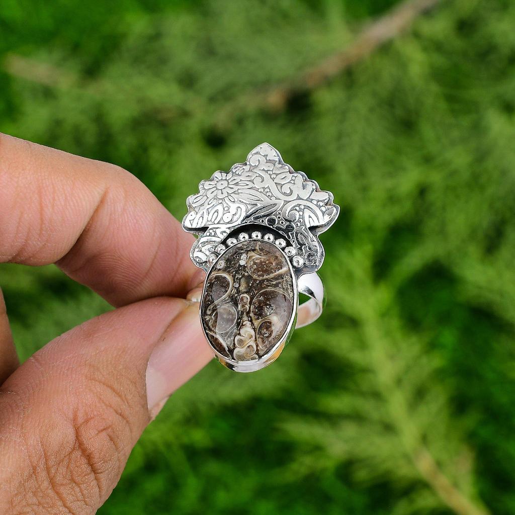 Sterling Silver Turritella Agate Stone Anniversary Statement Bezel Mother Ring