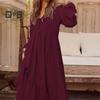 Women's Casual Maxi Dress V-Neck Loose A-Line Pleated Dress Long Sleeve Retro Cotton Linen Dress for Work Street Vacation