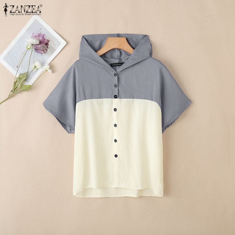 ZANZEA Women Casual Round Neck Summer Short Sleeve Hoodies Blouse