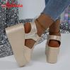 Aphixta Summer 9cm High Wedge Heel Platform Sandals Woman Sandals Gold Upper Women Zip Summer Shoes Peep Toe Sandals Big Size 43