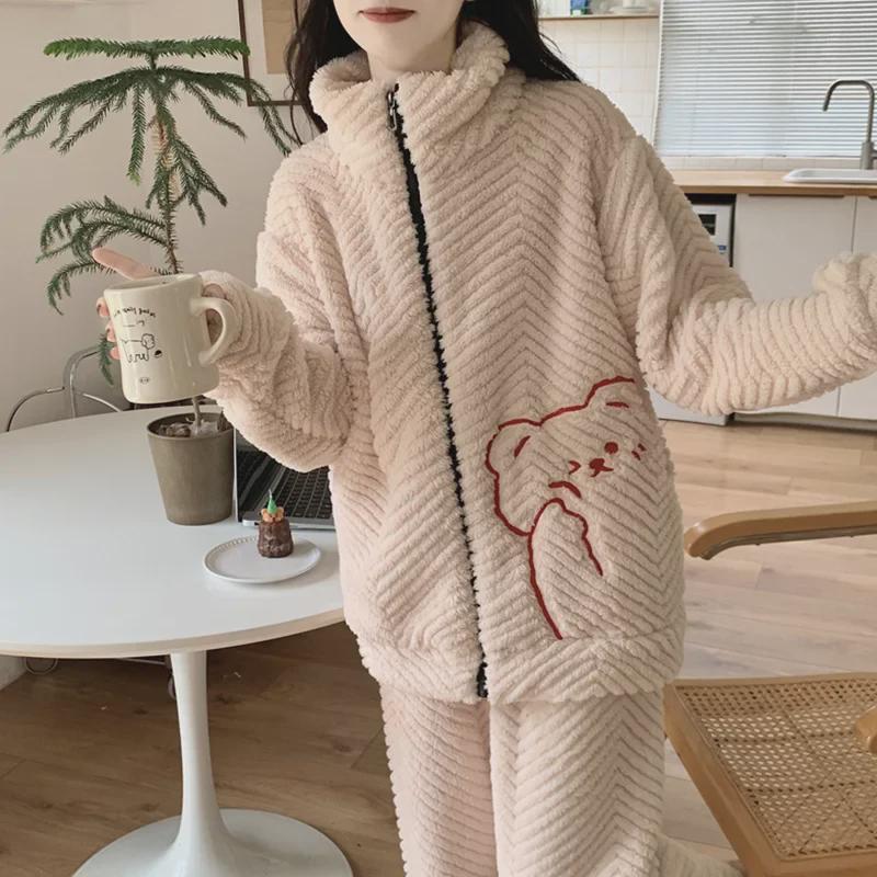 Women's Plush Zipper Pajamas - Autumn/Winter, Cute Stand Collar, Plus Size Coral Fleece Homewear