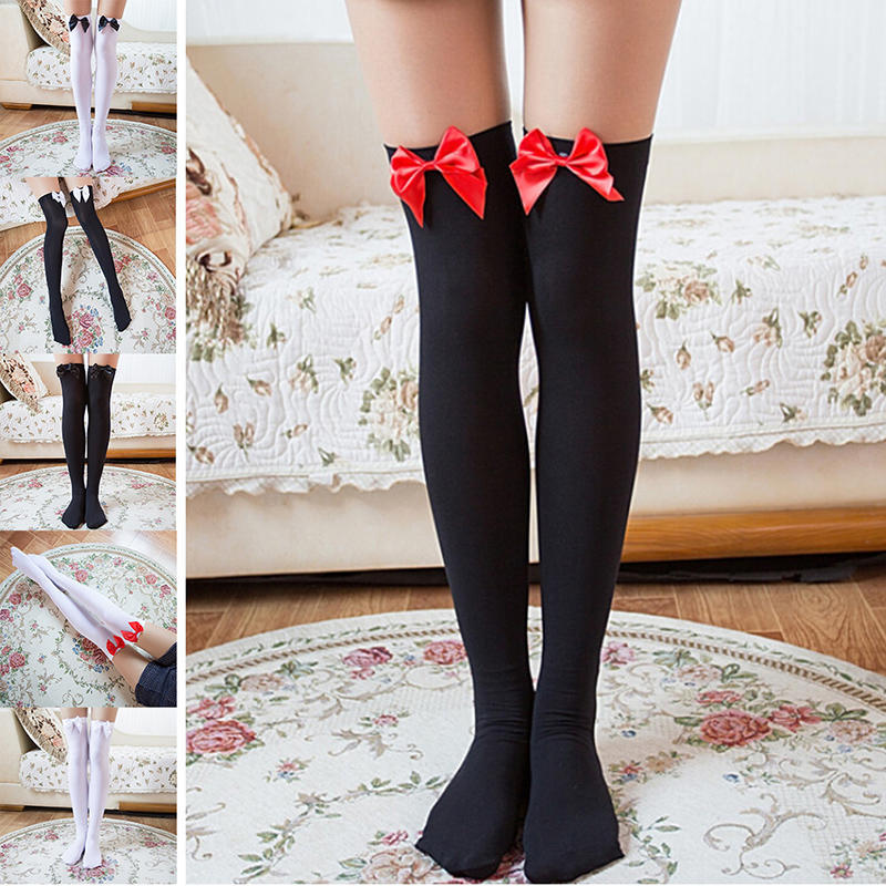 Girl Stretchy Meias Over The Knee High Socks Stockings Tights With Bows Thigh
