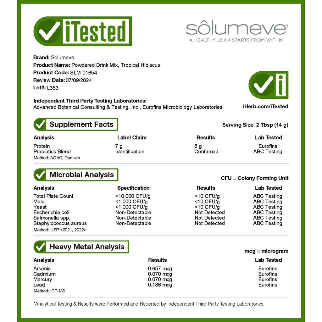 Solumeve With Collagen, Probiotics and Super Fruits, Powdered Drink Mix, Tropical Hibiscus, 16 Oz (454 G)