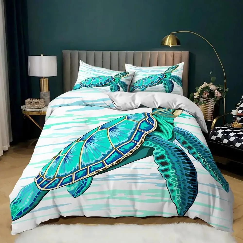 Sea Turtle Duvet Cover Set Full Size,octopus Seahorse Whale Bedding Set Teal Ocean Themed Mediterranean Style Beach Quilt Cover