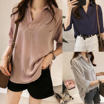 Летняя повседневная женская блузка большого размера в полоску с лацканами, V-образным вырезом и рукавами 3/4, свободного кроя