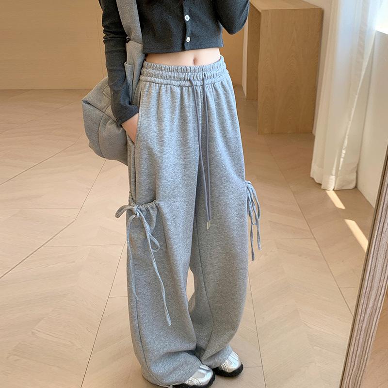 Gray Sweatpants Women's Autumn and Winter New High-waisted Loose-strapped Bow Straight-leg Pants Design Sense Casual Wide-leg Pants