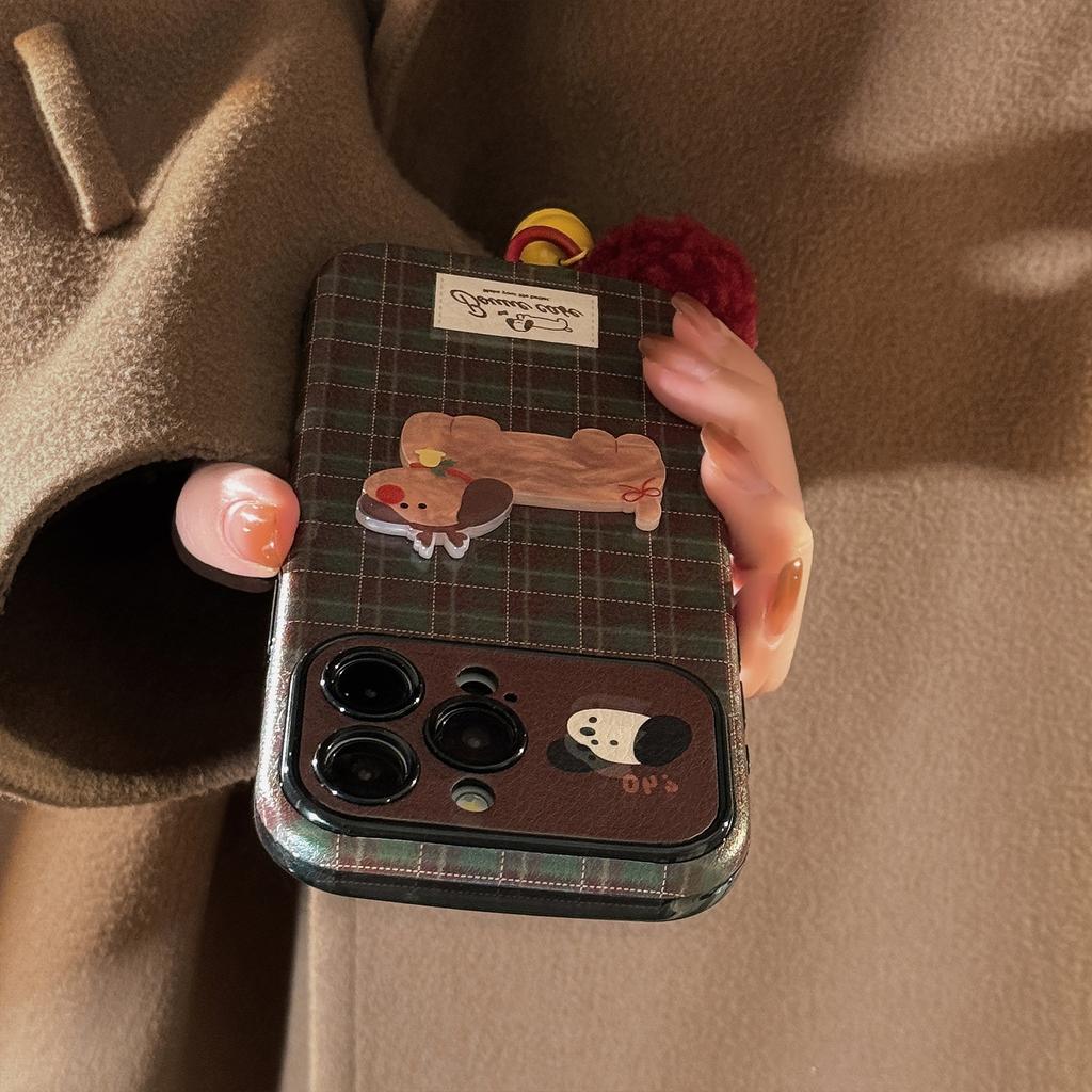 Retro Checkered Suits Apple 16 Mobile Phone Case IPhone 15 Christmas Puppy 14promax Leather 13 Plush Rope