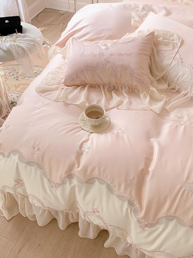 French 140-count Long-staple Cotton Four-piece Set Pure Cotton Embroidered Bed Sheet Quilt Cover Bedding Home Textile Princess Style