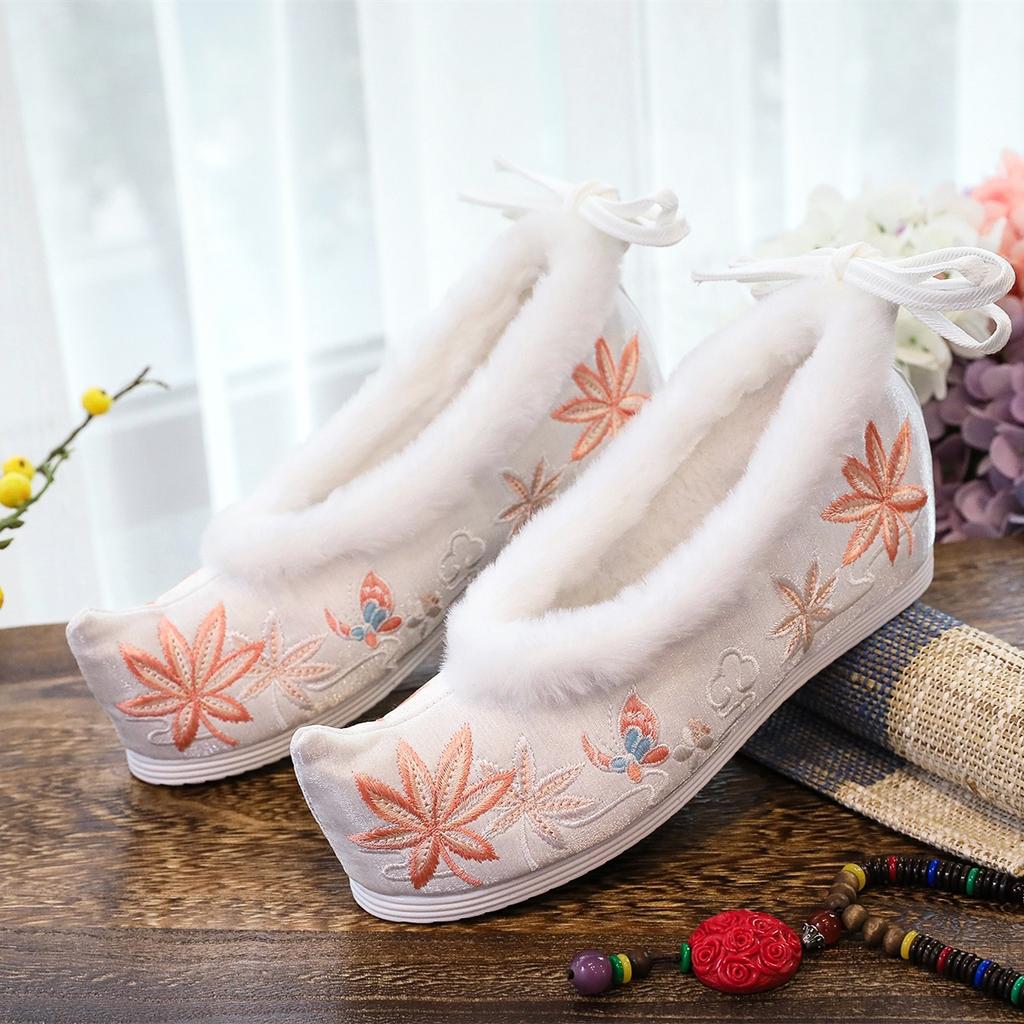 Плавающие и бархатные зимние новые теплые туфли Ханфу, антикварные вышитые туфли, хлопковые туфли, внутренняя высота увеличена, туфли с бантом на мыске, туфли с мыском
