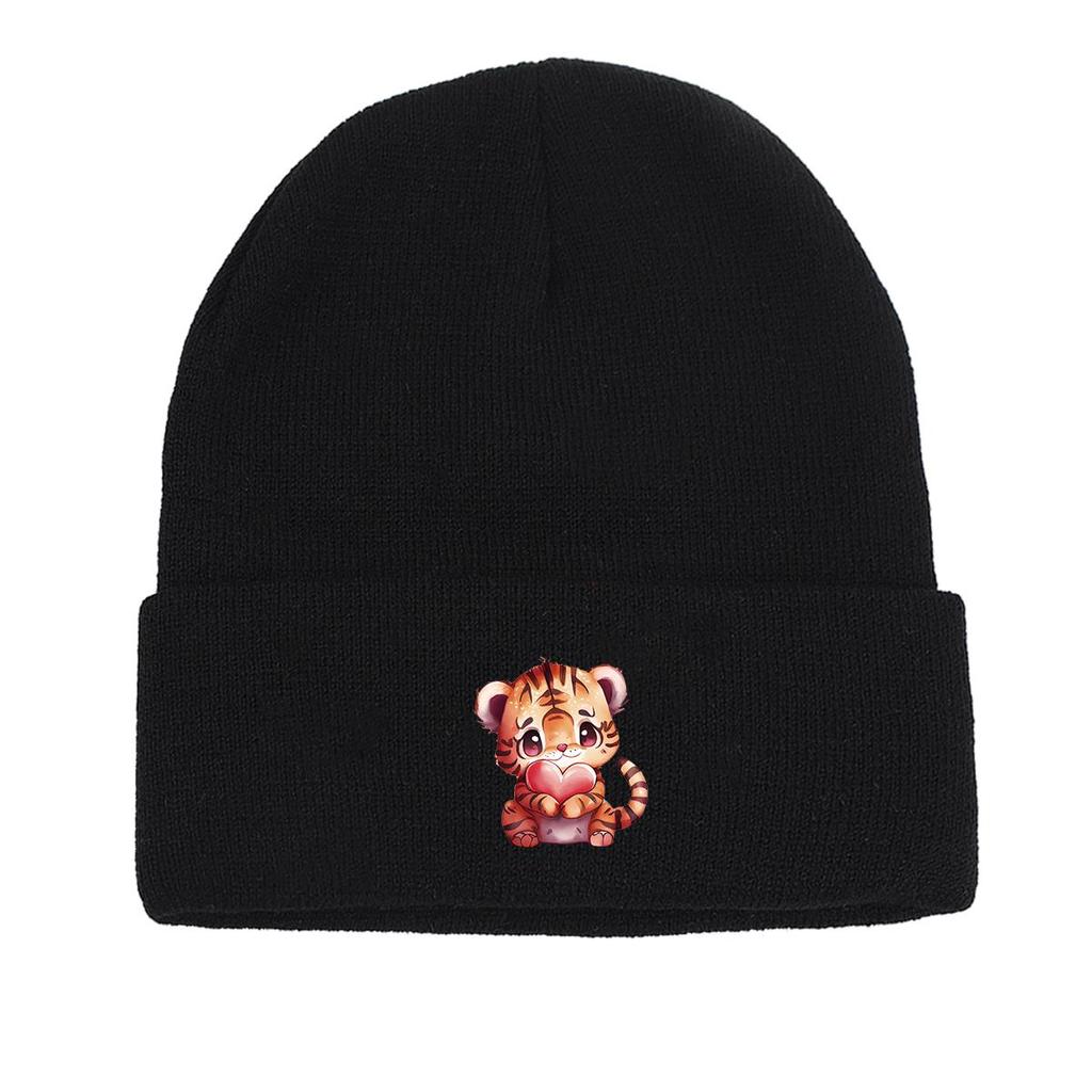 Cute Tiger Heart Warm Knitted Cap Beanie, Animal Woman Cap Lightweight Slouchy Casual Bonnet Knit Hat Beanie
