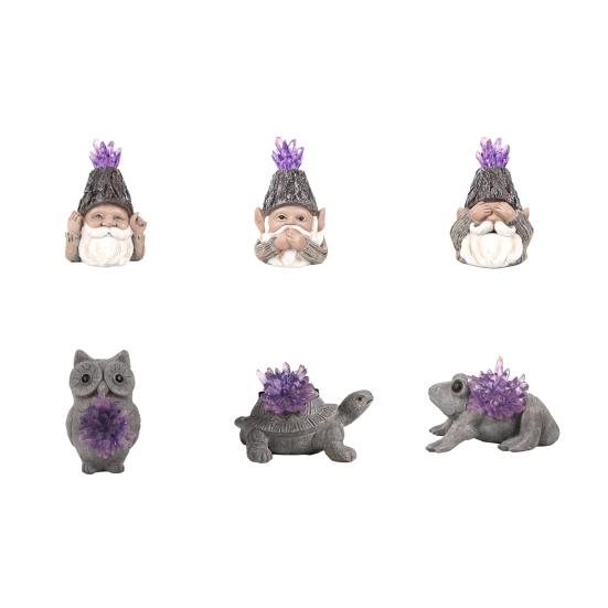 Hear-No See-No Speak-No Gnome Figurine Resin Faux Crystal Garden Dwarf Frog Owl Statue for Home Tabletop Yard Lawn Patio Decor