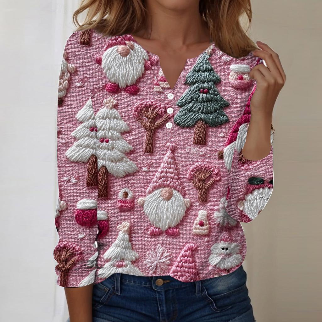 Women's Fashion Casual V-Neck Long Sleeve Decorative Button Christmas Print Top
