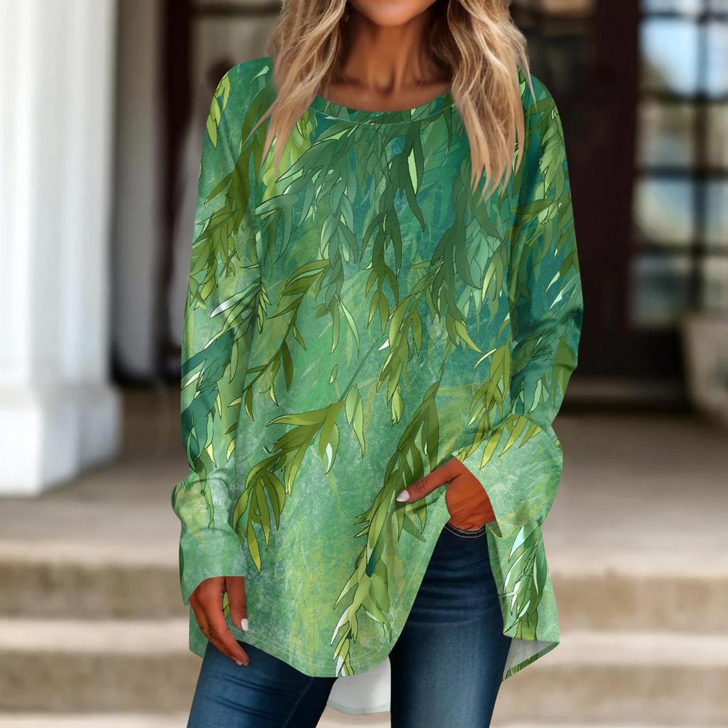 Women's Casual  Plus Size Long Sleeved Round Neck Printed T-shirt Top Pullover