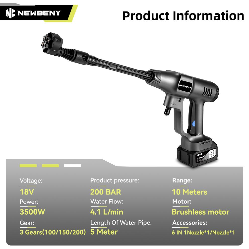 Newbeny 200Bar  6 IN 1 Brushless Electric High Pressure Washer Cordless Car Cleaning Spray Gun Tools For Makita 18V Battery
